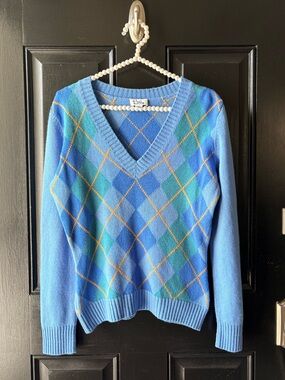 VTG Lilly Pulitzer Blue Argyle Wool Cashmere Blend V Neck Sweater Size M